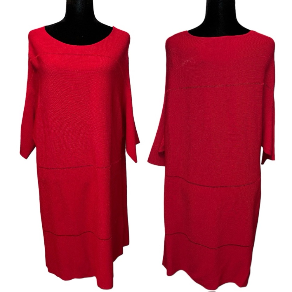 🆕Stunning Red 3/4 Sleeve Sweater Dress w Accent Horizontal Stripes Throu…